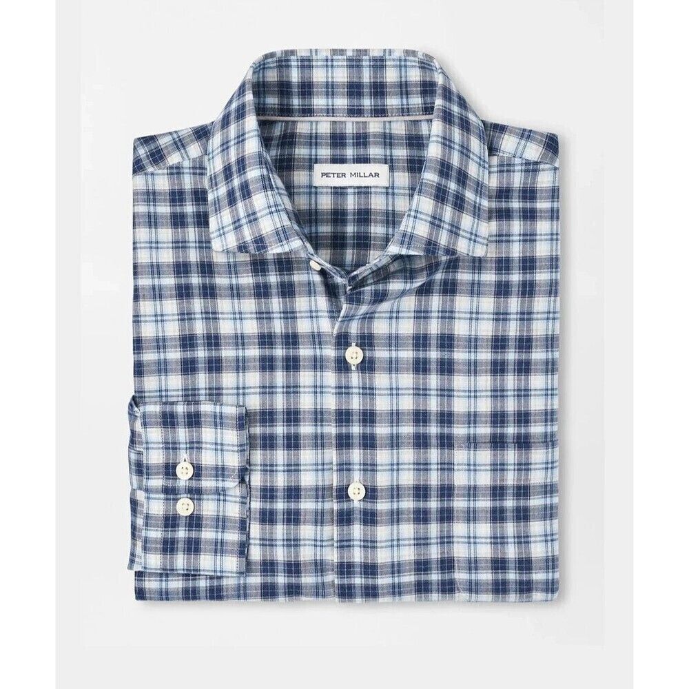 PETER MILLAR Shirt Mens XXL Blue Plaid Button Up BROOKS Summer Soft Sport $160